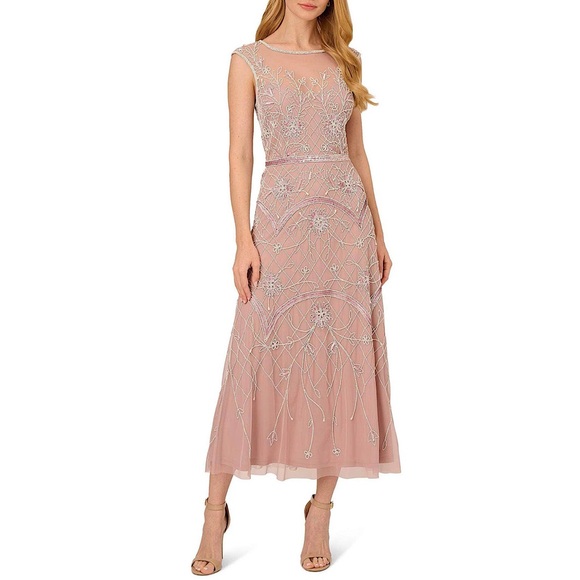 Adrianna Papell Beaded Mesh Crew Neck Sleeveless A-Line Midi Dress Dusty Pink 18 - Picture 1 of 10